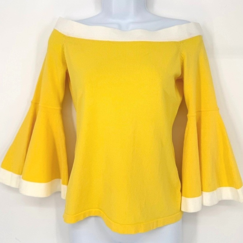 Boston Proper Womens XS Yellow Off Shoulder Bell Sleeve Bardot Retro Top